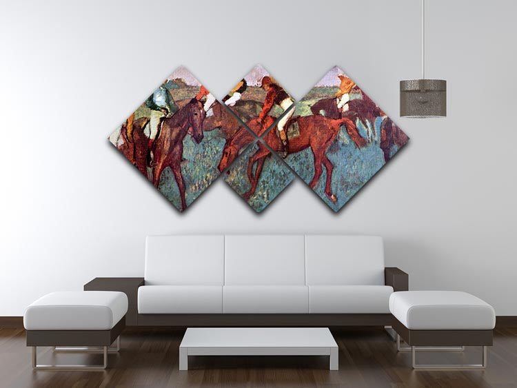 4-square multi-panel canvas art featuring Degas' 'Before the Start' depicting jockeys in training, showcasing vibrant colors and dynamic movement.